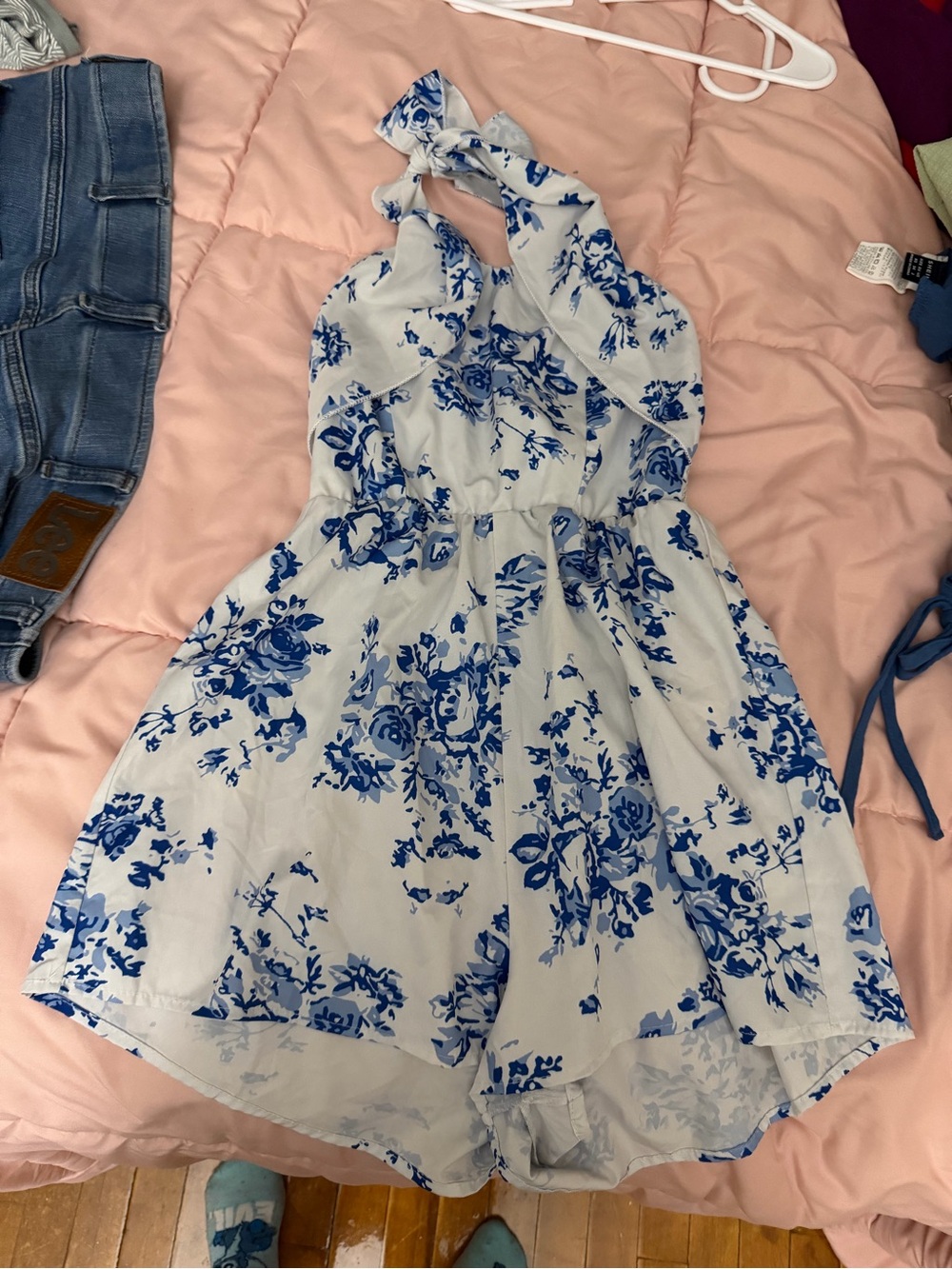 Woman’s White and Blue Floral Halter Romper Dress